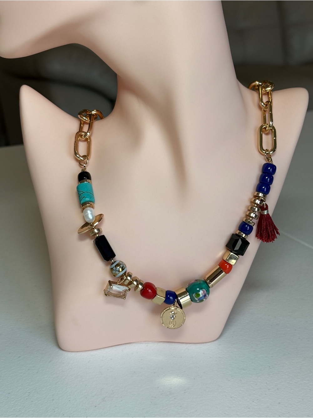 Gold Chain Multicolor Beaded Women's Necklace With Charms